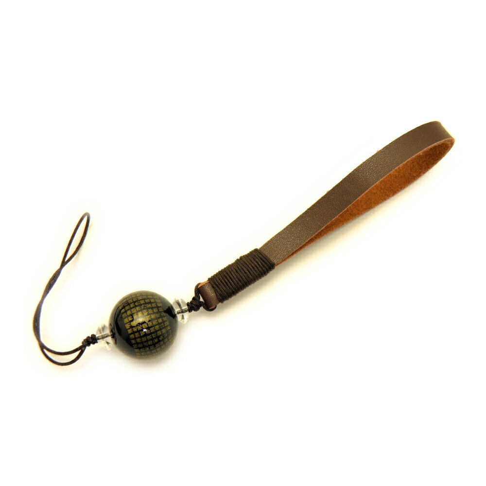 オニキス 般若心経(金)20mm 携帯ストラップ 革 茶ひも 天然石 パワーストーン プチギフト 転勤 退職 お礼 母の日 敬老の日 ギフト / インペリアルオ...