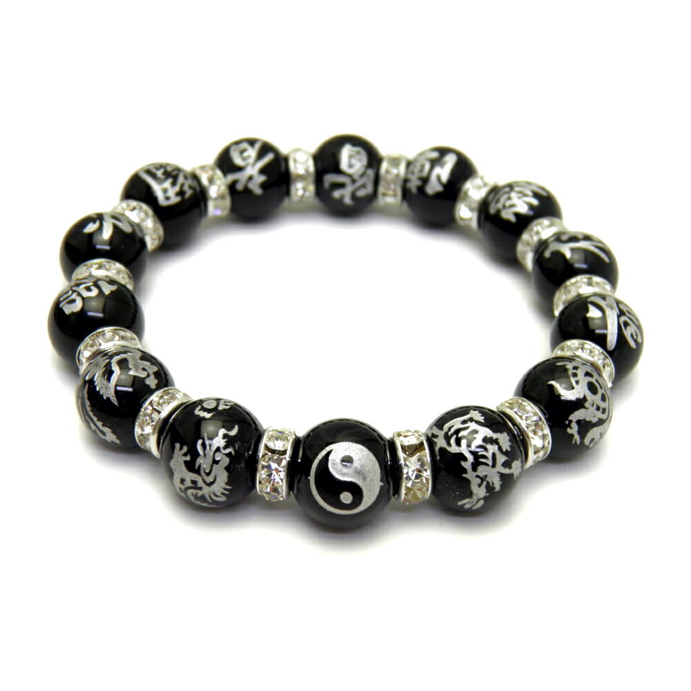 銀彫り オニキス九字護身数珠「陰陽太極図」「四神獣」最強護身ブレスレット 天然石 パワーストーン プチギフト 転勤 退職 お礼 母の日 敬老の日 ギフト / イ...