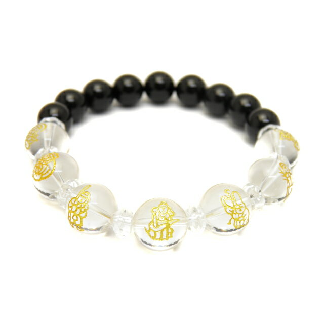 水晶 金彫り 七福神12mm&モリオン10mm玉オリジナルブレスレット 数珠 ブレスレット 天然石 パワーストーン プチギフト 転勤 退職 お礼 母の日 敬老の...