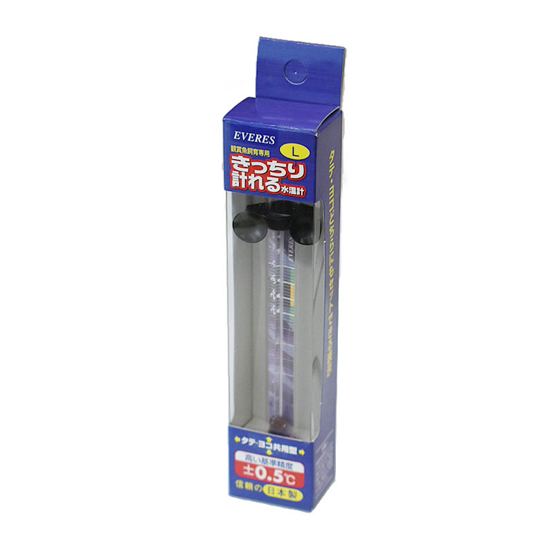 メーカー：エヴァリス Item Info 基準制度±0.5℃と高い精度を誇る水温計です。 ツインキスゴムを採用しており、安定性抜群です。 タテ・ヨコ目盛り表示で、水量が少ない水槽でも横向きでセット可能です。 Details 本体サイズ(約)直径30x長さ110xキスゴム幅28(ミリ) JANコード4540150000438