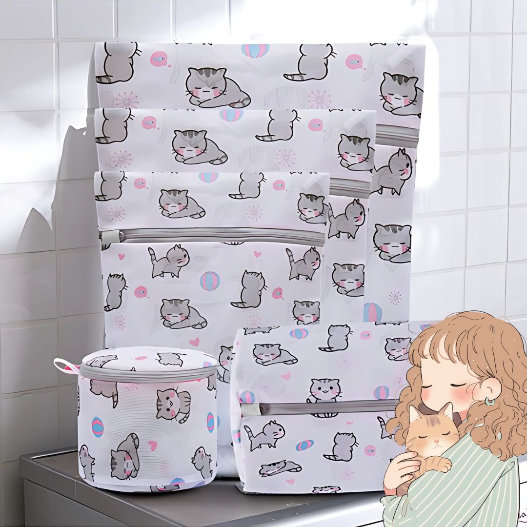 かわいい 猫の洗濯ネット ランドリーネット5点セット ファインメッシュ ブラジャー 大型 中型 小型 円筒形 子どもと楽しめる洗濯用品 くずよけメッシュ 形崩れ...