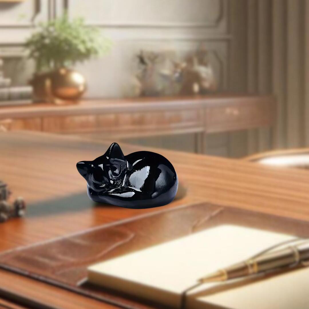 おやすみ猫のペーパーウェイト　ブックウェイト オブシディアンの黒猫の彫刻(5cm)(2302)