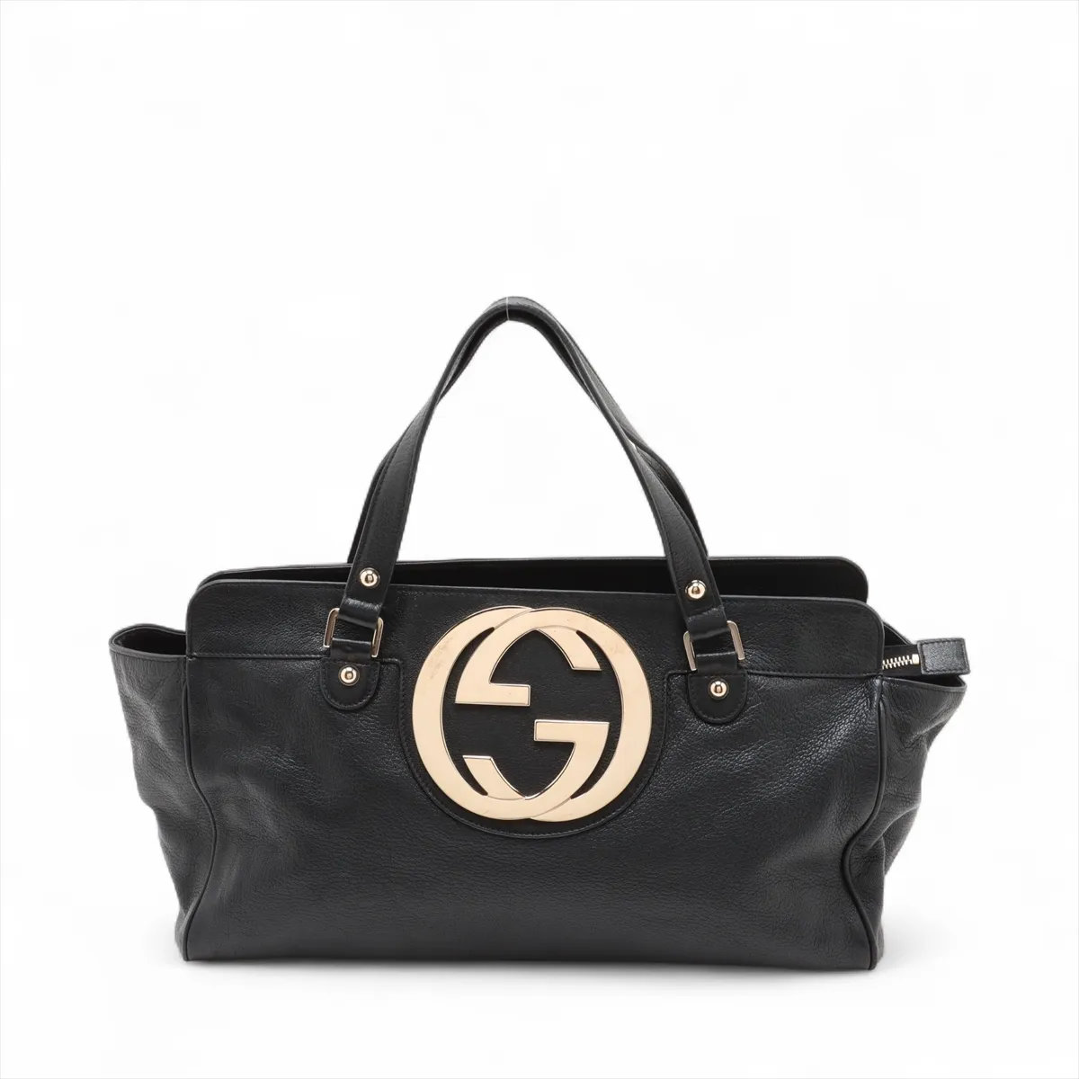 極美品 グッチ インターロッキング G レザー トート バッグ 肩掛け ショルダー ハンド ブラック 黒 131445 レディース EEE CU55-1