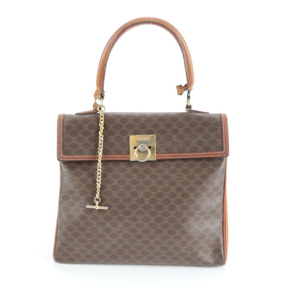 ヴィンテージ セリーヌ マカダム レザー ハンドバッグ トップハンドル トート ブラウン 茶色 レディース EEE CV5-9