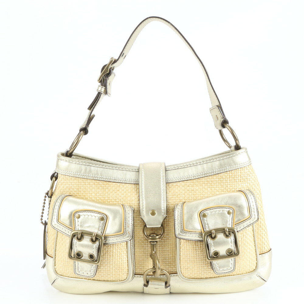 極美品 コーチ レガシー ラフィア レザー ショルダーバッグ 肩掛け ワンショルダー ゴールド 金具 105 本革 レディース ERE CV9-6