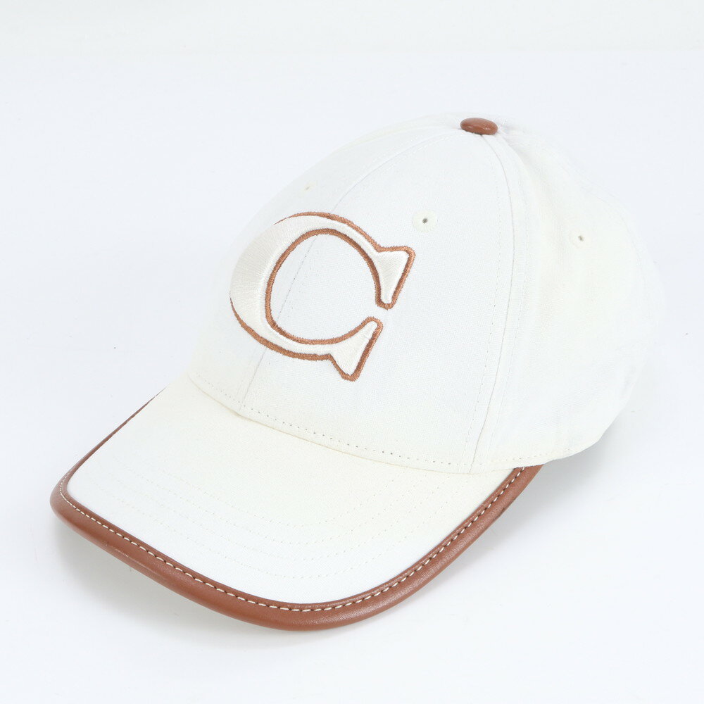 美品 コーチ CH793 Cロゴ ベースボール キャップ M/L 帽子 ホワイト ブラウン シグネチャー レザー メンズ レディース ECM CX38-1