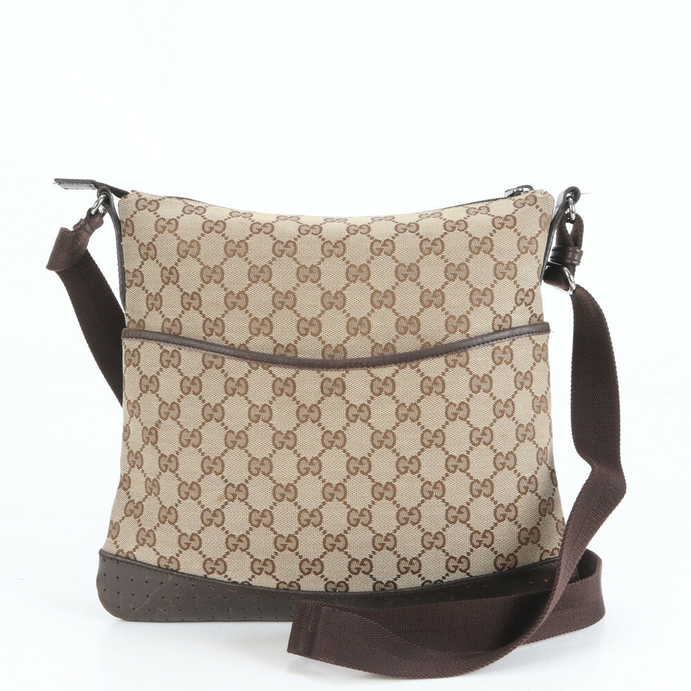 極美品 グッチ GG キャンバス レザー ショルダーバッグ 斜め掛け メッセンジャー 145857 ブラウン 茶色..