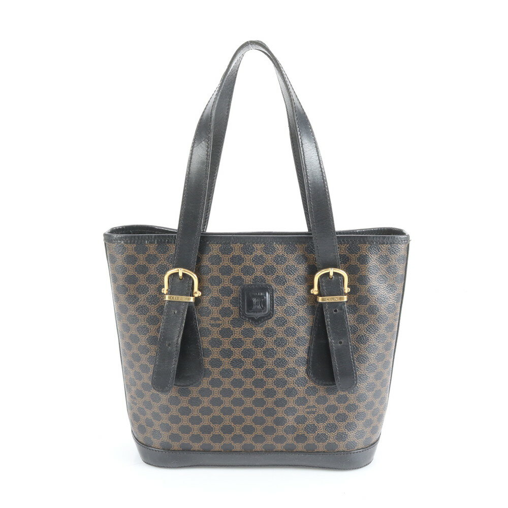 美品 ヴィンテージ セリーヌ マカダム レザー トート バッグ 肩掛け ショルダー ブラック ゴールド 金具 黒 レディース CEE DA3-5