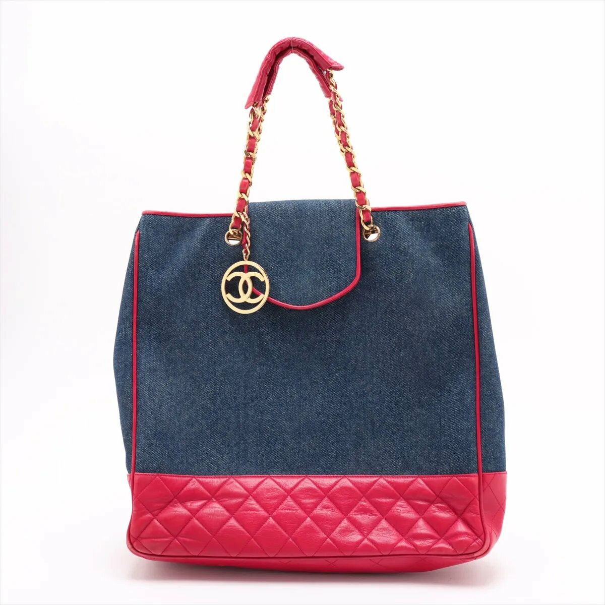 美品 シャネル シリアルシール付 マトラッセ デニム レッド トート バッグ 肩掛け ショルダー ハンド A4 レディース MCM DB50-10