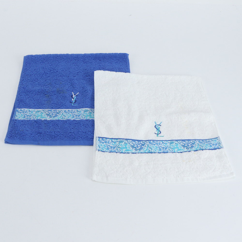 美品 まとめ 2点 セット イヴ サンローラン YSL 刺繍 ハンド タオル ハンカチ ブルー ホワ ...