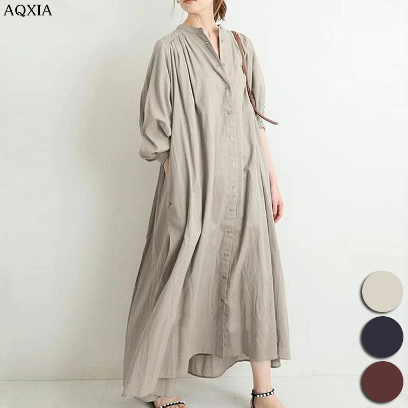 ワンピース レディース フレアワンピース ロング丈 薄手 長袖 ノーカラーシャツワンピース 2way ビッグシルエット ギャザー 体型カバー パフスリーブ 無地 お洒落 可愛い エレガント カジュアル フェミニン ナチュラル シンプル ゆったり ポケット付き ママ 春 秋 黒