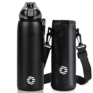 FJbottle 水筒 1リットル 真空断熱 ワンタッチ スポーツボトル 1L 保温 保冷 スポーツ飲料対応 広口 洗いやすい ステンレスボトル 水筒カバー 洗浄用スポンジ付き 女の子 男の子 おしゃれ 大人 子供 ブラック