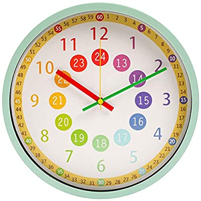 楽天ARストア　楽天市場店VIKMARI 知育時計 掛け時計 アナログ 静音 非電波 壁掛け時計 子供用 生徒用 時間学習 クロック 直径約30cm（グリーン）