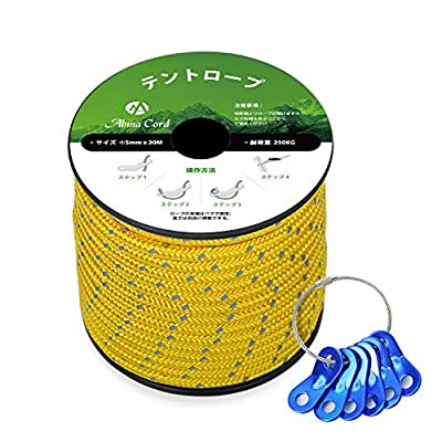 Abma Cord テントロープ ガイロープ 5mm 耐荷重250kg 反射材入り 自在金具付き キャンプ テント タープ アウトドア用（20m/30m/50m）ブランドAbma Cord色20m‐反射イエローモデル商品説明【材質とサイズ】内芯：ポリプロピレン+表地：ポリエステル 高強度、耐摩耗性、褪色耐性、乾きやすい、長い耐久性を実現しました。サイズ：直径5mm x長さ20m 重量：290g 耐荷重：250kg【外側に摩擦感】コード類と比較して、ロープの外側が粗目で編み込まれているため、附属する自在金具の使用やロープワークに最適な摩擦感があります。自在金具は5mmのロープ径に合わせて、長さを簡単に調節でき、滑らないです。【切断面の処理】切断面よりロープがほつれないように火で溶かして固まってからご使用ください（火傷しないように十分注意してください）。そして、内芯は一つにまとめて包み込まれていますので、切断面の処理は容易になっています。【反射材入り】1.5mm幅の反射材が編み込んでおりますので、ライトなどで照らすと光を反射し、夜間の視認性が高いです。転倒などの事故を未然に防ぎます。【利用場所】テント、天幕、キャンプなどのアウトドアレジャー以外でも何かと使えるロープです。ご注意：ロッククライミング&プロ登山用ロープとして使用できない。緊急にパラコードで体重を支える場合は、折り返して3〜4本を束ねて利用してください。 p b Abma Cord テントロープ ガイロープ 5mm 耐荷重250kg 反射材入り 20m/30m /b /p p ? 1.このテントロープは内芯：ポリプロピレン+表地：ポリエステル 高強度、耐摩耗性、褪色耐性、乾きやすい、長い耐久性を実現しました。 br ? 2.当製品は耐久性を上げるため直径5mmで設計、テントてを固定するには更に安定しています。付属のアルミニウム製自在金具の穴径も合わせて、穴径は約7mmほどでロープを通しやすいし、自由自在にロープの長さの調整をすることが可能です。 br ? 3.適度な長さにカットした後、切断面よりロープがほつれないように火で溶かして固まってからご使用ください。当製品の内芯は一つにまとめて包み込まれていますので、切断面の処理は容易になっています。また、先端の熱処理する時は火傷しないように十分注意してください。 br ? 4.1.5mm幅の反射材が編み込んでおり、ライトや懐中電灯などで照らすとロープが光りますので、夜間の視認性が高くなります。張り綱に足を引っ掛け転倒などの事故を未然に防ぎます。 br ? 5.コード類と比較して、テントロープの外側が粗目で編み込まれているため、附属する自在金具の使用やロープワークに最適な摩擦感があり、滑らないです。 p b 仕様： /b /p p ? 梱包サイズ：30m 10.5*10.3*10.7cm　　20m 9.2*9.2*8.3cm　　 p b 付属品： /b /p p ? ロープ1本　自在金具6個（20m）／10個（30m） /p p b 保証について /b /p p お届けした商品に万一、汚損、破損等あるいは、ご注文と異なる商品がお客様の手元に届いた場合がございましたらメールにて弊社までご連絡願います。確認次第、早急に対応させていただきます。お客様の注文日から1年保証。 /p