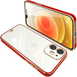 iPhone12 ケース クリア 透明 アイフォン12 カバー スマホケース 全面保護 耐衝撃 TPU メッキ加工 シリコン スリム 薄型 ストラップホール付き 落下防止（レッド）