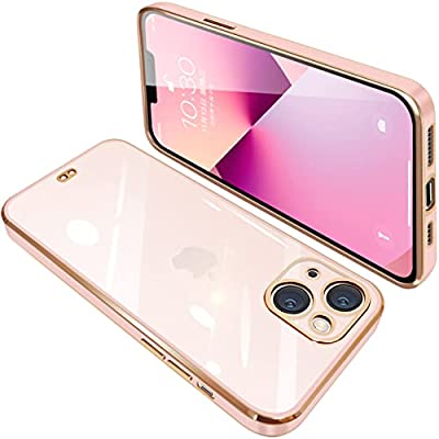 iPhone13 ケース クリア 透明 アイフォン13 カバー スマホケース 全面保護 耐衝撃 TPU ソフト 薄型 メッキ加工 ストラップホール付き 落下防止（ピンク）