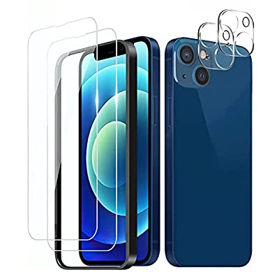 【2+2 枚セット】Kakuki iphone 13 ガラスフィルム （2枚入り）＋カメラフィルム（2枚入り）【ガイド枠付き】Kakuki iphone13 レンズ保護フィルム 全面保護フィルム 硬度9H 高透過率 飛散防止 強化ガラス 耐衝撃 液晶