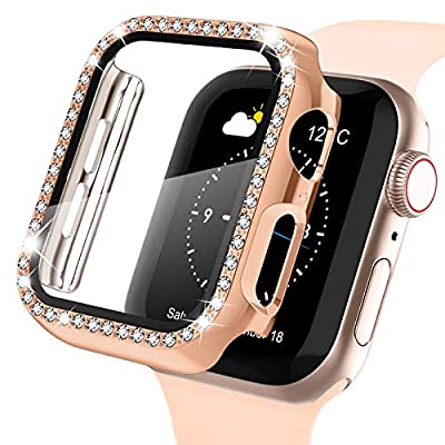 WASPO コンパチブル iWatchケース 38mm 保護フィルム付き クリスタルダイヤ付き アップルウォッチカバー 女性専用 全面保護ケース(38mm Series 3/2/1,ローズゴールド)