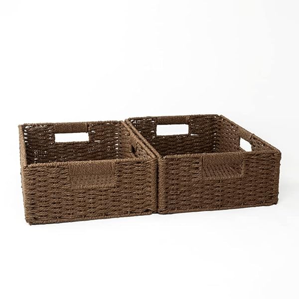 収納バスケット 折り畳み 手編み 2個入 幅38×奥行26×高さ12cm ペーパーかご 持ち手付き 収納バスケット ボックス 籠 おもちゃ 小物収納 業務用 幼稚園 卓上 室内 屋外 小物ケース 大きい 天然素材 おしゃれ