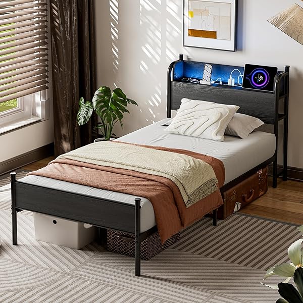 ベッドフレーム シングル パイプベッド S 2口コンセント&USB充電付き シングルベッド スチール すのこベッド 収納宮棚付き LEDライト付き 2段階高さ調整 頑丈 カビ防止 安定性 耐久性 耐荷重350KG 組立簡単 (S幅97x奥行195x高
