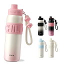 GOOM 水筒 680ml 保冷ボトル ストロー付き水筒 魔法瓶 大容量 31603 ステンレスボトル 真空断熱 ストラップ付き シームレス 漏れ防止 洗いやすい オシャレ 携帯便利 ライト スポーツ アウトドア(ピンク ホワイト)