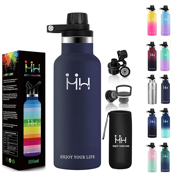 水筒 500ml 直飲みステンレスボトル 水筒 シームレス 大容量 洗いやすい 自転車 ボトル 魔法瓶コーヒー..