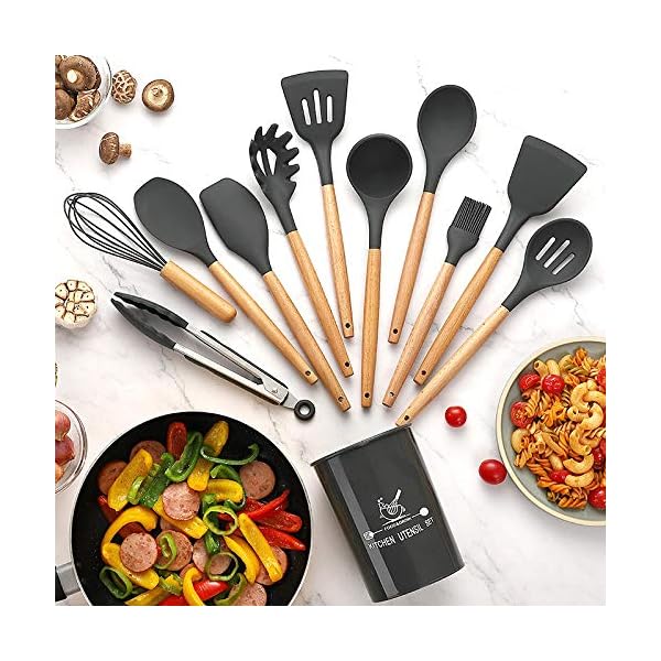 【送料無料】12点 簡易食品級シリコーンとブナ材の調理器具セット ステンレス製のフック 10 個付き (ダ..
