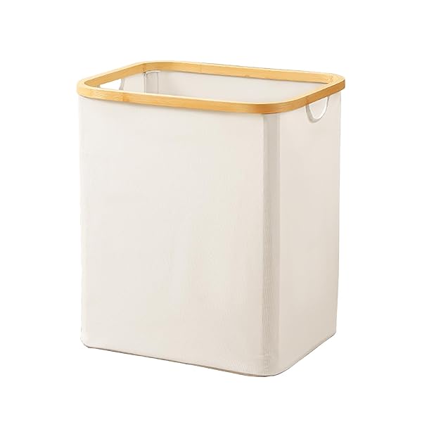 【送料無料】洗濯カゴ 洗濯かご 折り畳み式 ランドリーバスケット 60L ランドリーボックス 洗濯籠 洗濯物入れ 収納ボックス 収納バッグ 竹のハンドル付き (オフホワイト)