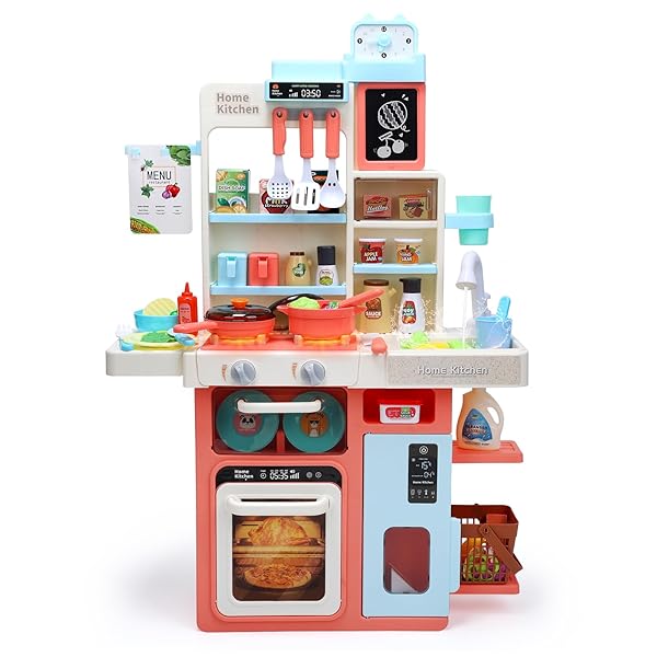 【送料無料】おままごとキッチン 知育玩具 64点 おままごと おもちゃ リアルスプレー ライトと料理 ...