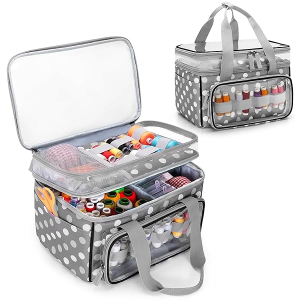 【送料無料】裁縫箱 裁縫バッグ 二層式 大容量 透明コンパートメント付き 取り外し可能な仕切り付き 裁縫道具 収納 持ち運び用 ソーイングバッグ バッグのみ グレードット