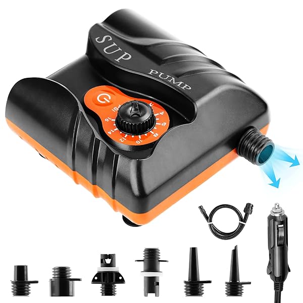 【送料無料】電動エアーポンプ 空気入れ 電動ポンプ sup用 エアポンプ カヤック用 自動停止機能付 過熱保護機能 小型 軽量 シガーソケット定格電圧DC12V 16psi 運転中操作可能 日本語取扱説明書付き