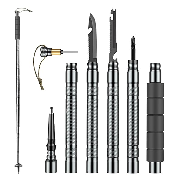 【送料無料】トレッキングポール 多機能トレッキングポール 組み立て式 ンパクト収納 サバイバル 山登り ストック コンパクト式 ナイフ ライバー び子 打ち石 ンパス多機能 登山 ハイキング 山行 野外冒険 自救 防衛 納バッグ