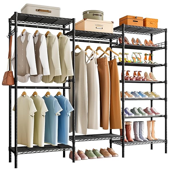 【送料無料】ハンガーラック クローゼット ワードローブ シューズラック 高さ調節 収納棚 靴収納 洋服掛け コートラック 衣類用 大容量オープンラック 頑丈 (...
