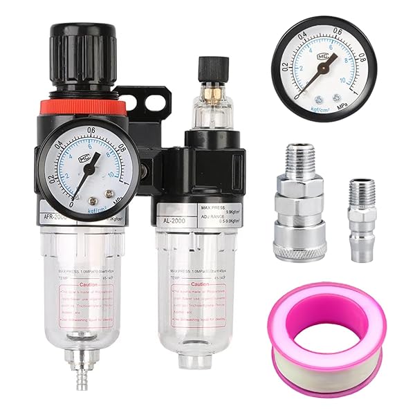 【送料無料】ウォーター セパレーター エアーフィルター エアコンプレッサー フィルターレギュレーター 自動的に排水 ほこり除去 除水 圧力調節 圧力計付き オス・メスカプラー付き テープシール 付属 AFC2000 1/4エアーフィルター エアコンプ