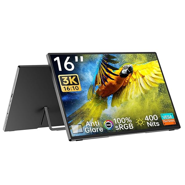 【送料無料】モバイルモニター 3k モニター 16 インチ AG非光沢IPSパネル 3072x1920 黄金比16対10 ノートパソコン デュアルモニター 自立型 sRGB 100%広色域 400nits高輝度 ミニPC/Macbook/ノートPC/