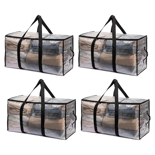【送料無料】布団収納袋 4個セット 引越しバッグ 大きいバッグ 衣装ケース 折りたたみ式 カバン 持ち手付き 背負える 透明窓 特大容量 省スペース 防塵 防水 耐荷重 洋服/羽毛布団 引っ越し/旅行用 100L （透明）