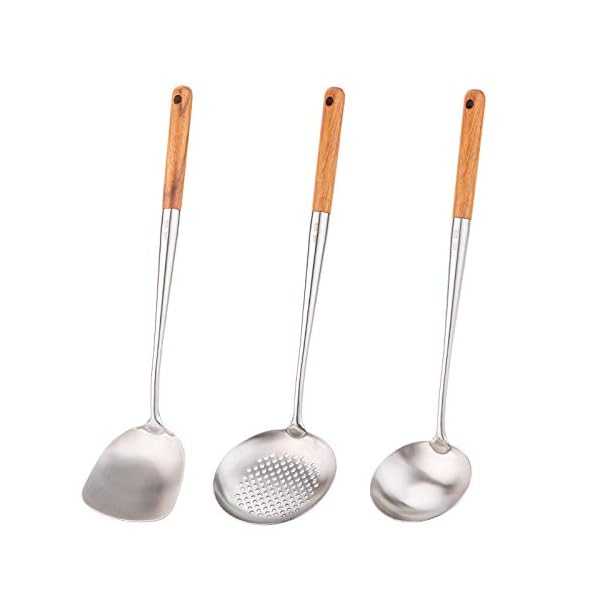 【送料無料】お玉 17インチの中華鍋用お玉 304ステンレス製中華鍋用ヘラ (ウォールナット- 3pcs)