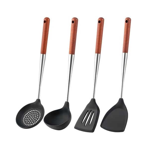 【送料無料】お玉 304ステンレス製中華鍋用ヘラ 中華鍋用具4点セット,ウォールナットシリカゲルヘッド