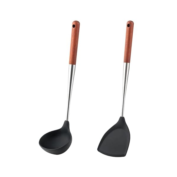 【送料無料】お玉 304ステンレス製中華鍋用ヘラ 中華鍋用具2点セット,ウォールナットシリカゲルヘッド