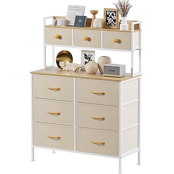 【送料無料】2段棚タンス 9杯ハイチェスト 収納チェスト・ドレッサー/化粧台・テーブル 幅85cmマルチチェスト 収納棚 棚付き 布製引き出し 洋服・衣類収納・衣装ケース 箪笥 おしゃれ（高通気性カチオン生地 ベージュ）