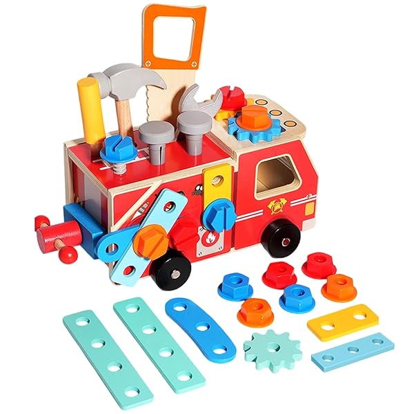 【送料無料】知育玩具 消防車 大工さん ごっこ遊び 組み立て 分解 DIY 工具セット 組み立て 車 おもちゃ 木製パズル 木のおもちゃ 積み木 形合わせ 男の子 女の子 誕生日 クリスマス プレゼント 出産祝い 贈り物 (赤色の消防ツールカー A)