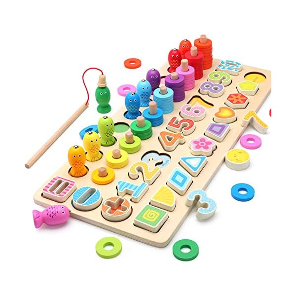 【送料無料】木製パズル 5in1 木のおもちゃ 数字認知 色の認識 形の認知 立体パズル 釣りおもち ...