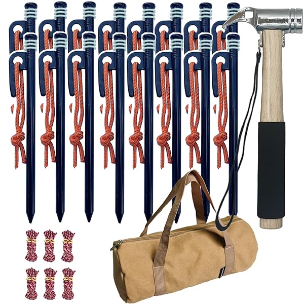 【送料無料】ペグハンマーセット 帆布ペグバッグ付 タープペグ テントペグ φ10mm 25cm/35cm 16本 ペグハンマー 木製ハンドル ベルト付 テントロープ 太さ 4mm 長さ 4m 6本 (ハンマー+35cmペグ16本+テントロープ6本＋収