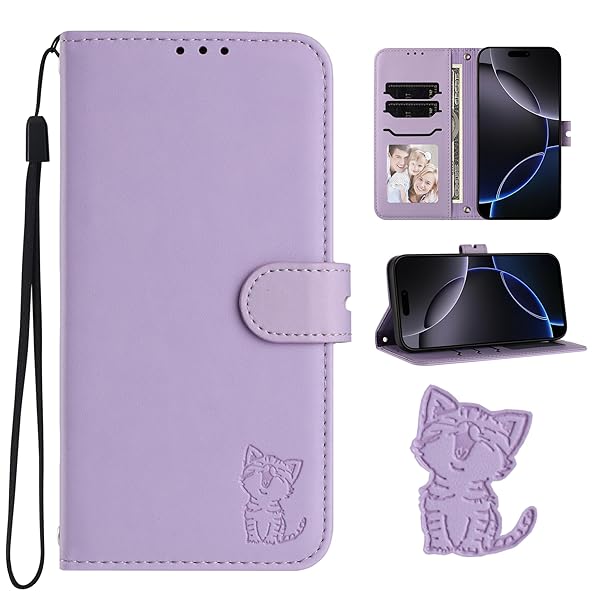 【送料無料】Google Pixel 6aケース 手帳 Pixel6a手帳型ケース グーグル ピクセル6Aケース 笑顔猫ちゃん ストラップ付き カード収納 ベルトマグネット スタンド機能 薄型 ライトパープル