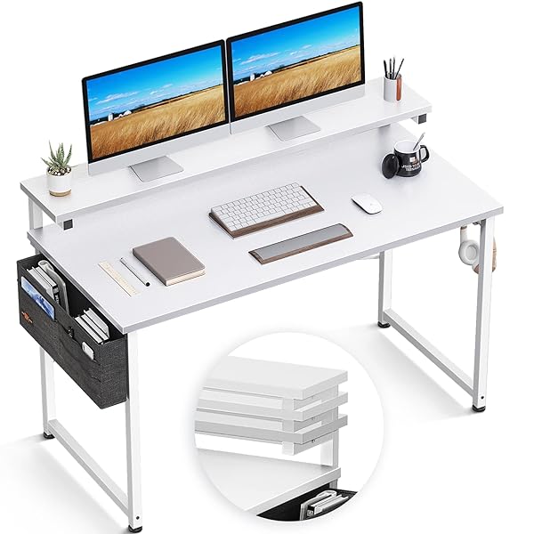 【送料無料】デスク パソコンデスク 机 幅120cm モニター台高さ3段調整対応 収納袋付き 収納フック付き pcデスク ゲーミングデスク つくえ 在宅勤務 ワーク オフィス シンプル 勉強机 学習机 組立簡単 ホワイト