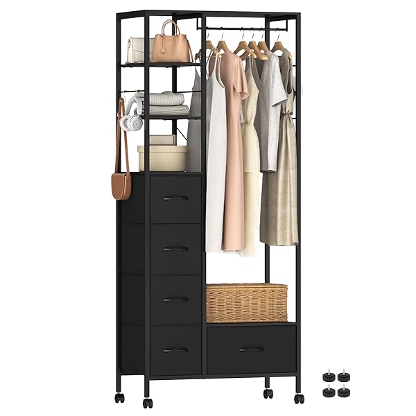 【送料無料】ハンガーラック ワードローブ 引き出し付き 大容量 頑丈 全体耐荷重200kg キャスター付き 棚板可動式 収納付き 洋服収納 パイプハンガー 洋服掛け 衣類 衣装 クローゼット サイズ 幅80奥行40高さ188cm (ブラック)