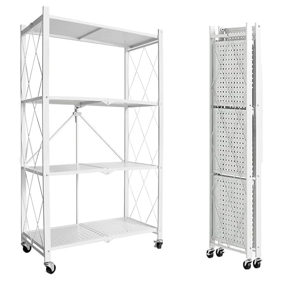 Rakuten - 【送料無料】折りたたみラック 折り畳み メタルラック 4層 大容量 幅70CM 金属製の収納ラック 折り畳み棚 360°キャスター付きで移動可能 ック設置不要 家庭用収納ラック 折りたたみ リビングルーム キッチン 寝室 書斎などに (白, 四階)