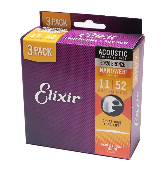 Elixir　16538　80/20 BRONZE with NANOWEB Coating Light エリクサー　アコースティックギター　3セット弦　11027 x3個