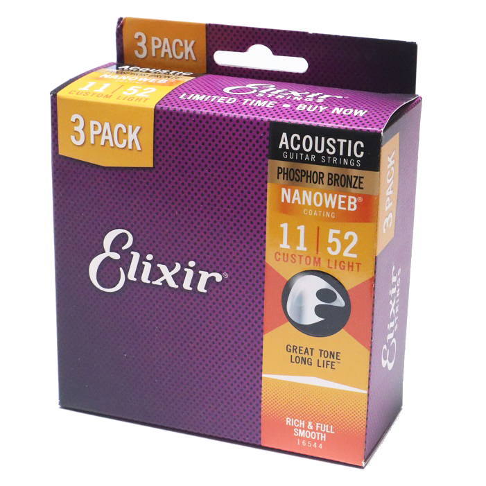 【プロご用達のエリクサーのアコギ弦の3個セット入っています！】 内容：16027 x 3セット ※3セットが1パッケージにはいっておりますが、弦は個別に紙袋に入っております。 Anti-Rust（アンチ・ラスト＝サビ防止）プレーン弦 エリクサーギターストリングスは、ワウンド弦に対し革命的なコーティングテクノロジーを開発し、その高音質・長寿命によって多くのギタリスト達の支持を得ました。 そして今、このAnti-Rust（＝サビ防止）プレーン弦によって、エレクトリックギター弦により大きな進化をもたらすことに成功したのです。 新開発の特殊な耐腐蝕加工を施したプレーン弦は、音質は変えずにサビや腐蝕を抑え、従来のプレーン弦と比較して寿命を3から5倍も延ばすことに成功しました。 この画期的な加工技術によってプレーン弦とコーティッドワウンド弦との寿命のバランスも良くなり、弦張り替え時のフレッシュな感触やトーンがこれまで以上に長続きします。 NANOWEB コーティッドワウンド弦(ナノウェブ) 超極薄ナノウェブコーティングを施したエリクサーは・・・ ・ 高音質が従来の弦に比べると 3倍から5倍は長持ち。 ・ コーティング無しの弦の様なブライトで迫力のあるサウンド。 ・ 程良く押さえられたフィンガーノイズ。 ◆素材：フォスファーブロンズ ◆コーティング：ナノウェイブ ◆ゲージ：カスタム・ライト ◆太さ：.011 .015 .022 .032 .042 .052 【送料無料】 ※申し訳ございませんが、沖縄県/離島への発送は出来ません。