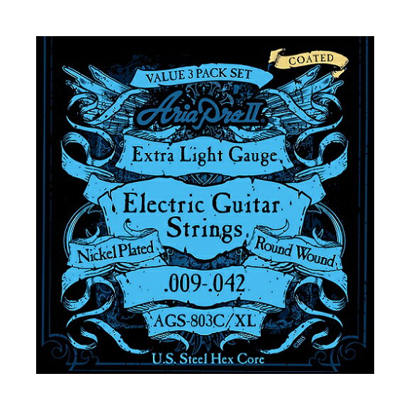 ARIA AGS-803C/XL Coated Extra Light Electric Guitar Strings　コーティング　エクストラ・ライトゲージ　3セットパック エレキギター弦